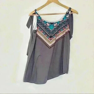 Nanu adjustable tie strap relaxed tank Sz Xl gray Diamond tribal accents
